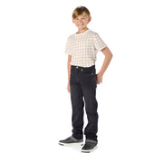 Skinny Tween Boy Wearing Slim-Fit Extra Long Tall Black Jeans