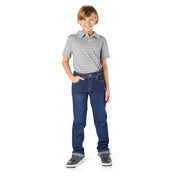 Thin Tween Boy Wearing Dark Wash Jeans for Tall Kids 