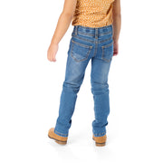 Back of Slender Little Girl Wearing Slim-Fit Kids Jeans in Medium Wash