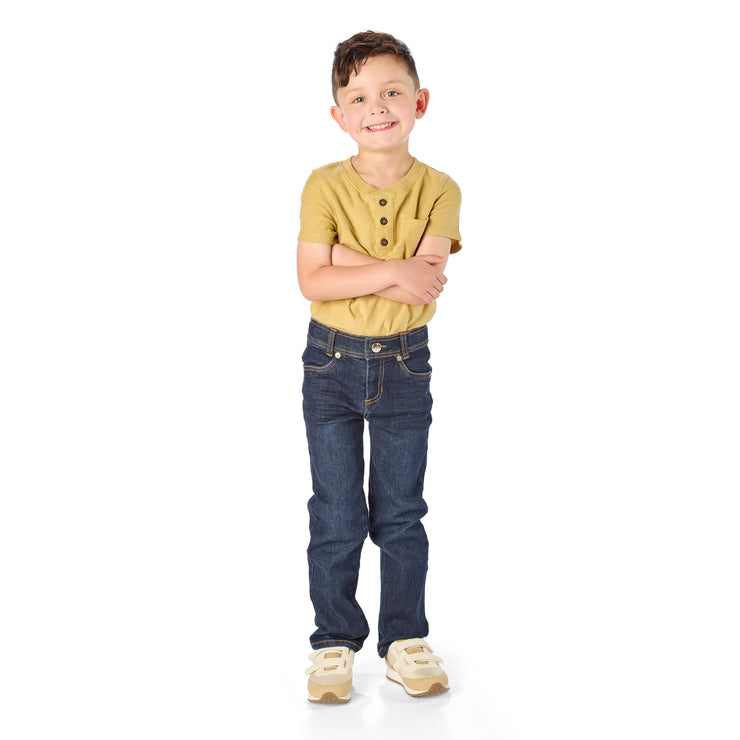 Tall Thin PreSchool Boy wearing dark wash slim-fit jeans / Pants for Peanuts